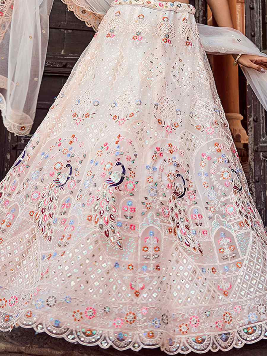 Cream Net Embroidered Wedding Reception Festival Heavy Border Lehenga Choli