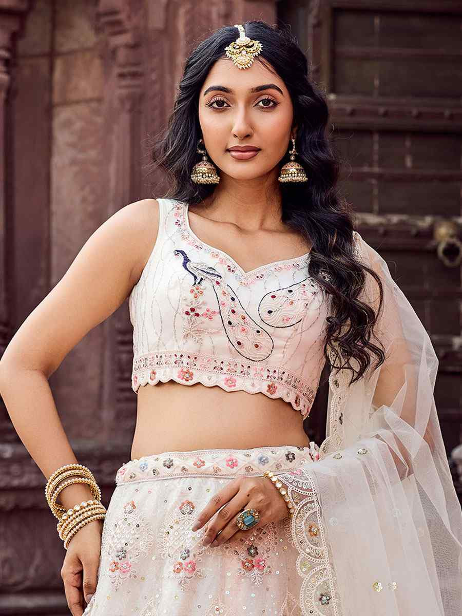 Cream Net Embroidered Wedding Reception Festival Heavy Border Lehenga Choli