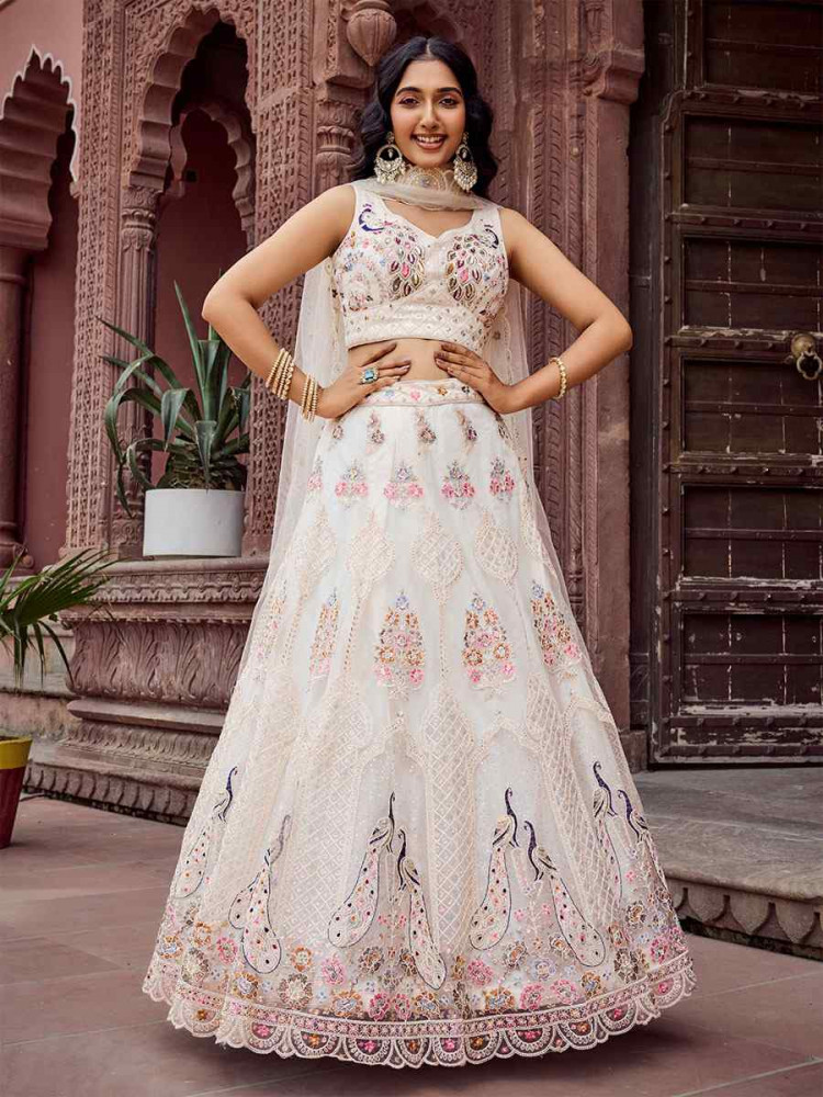 Image of Cream Net Embroidered Wedding Reception Festival Heavy Border Lehenga Choli