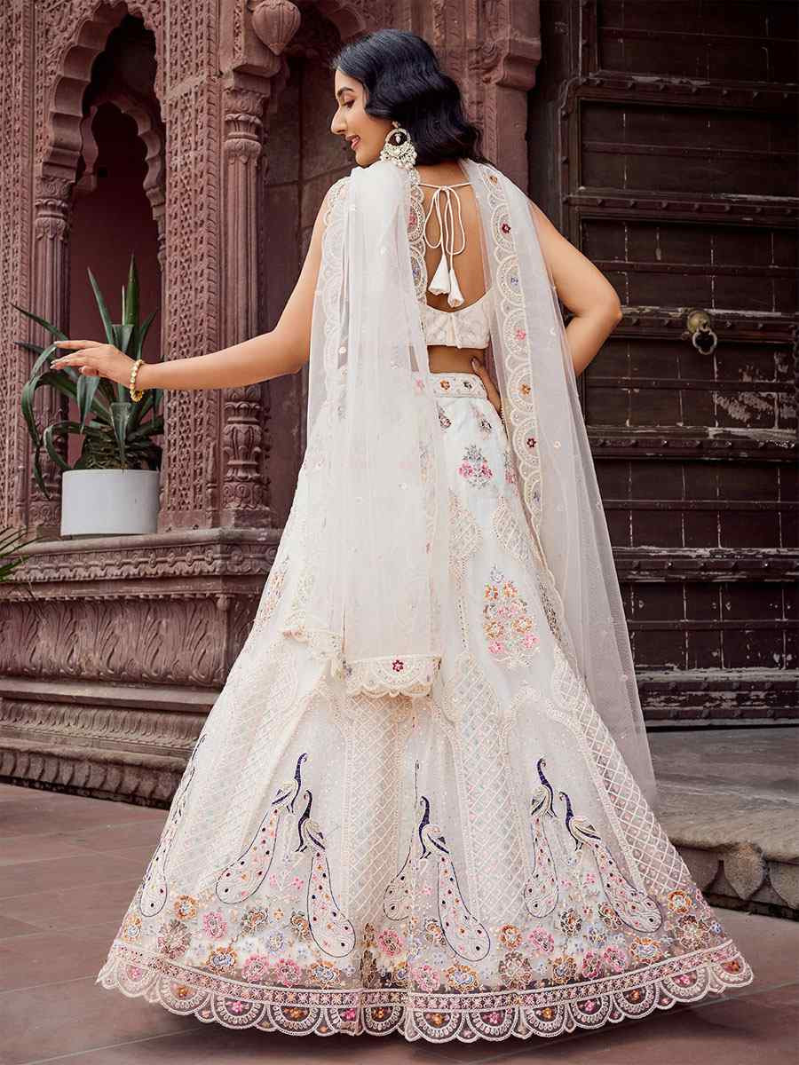 Cream Net Embroidered Wedding Reception Festival Heavy Border Lehenga Choli