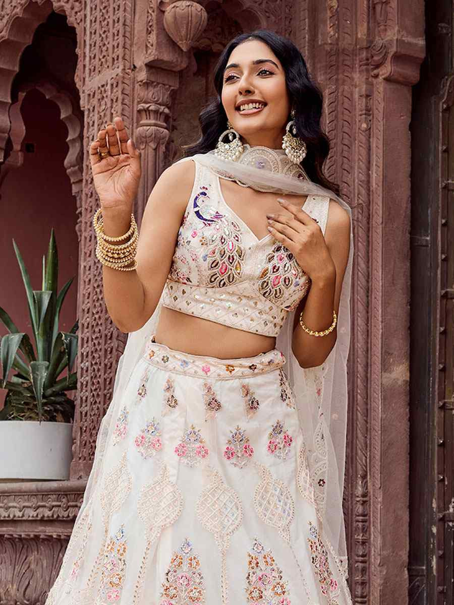 Cream Net Embroidered Wedding Reception Festival Heavy Border Lehenga Choli
