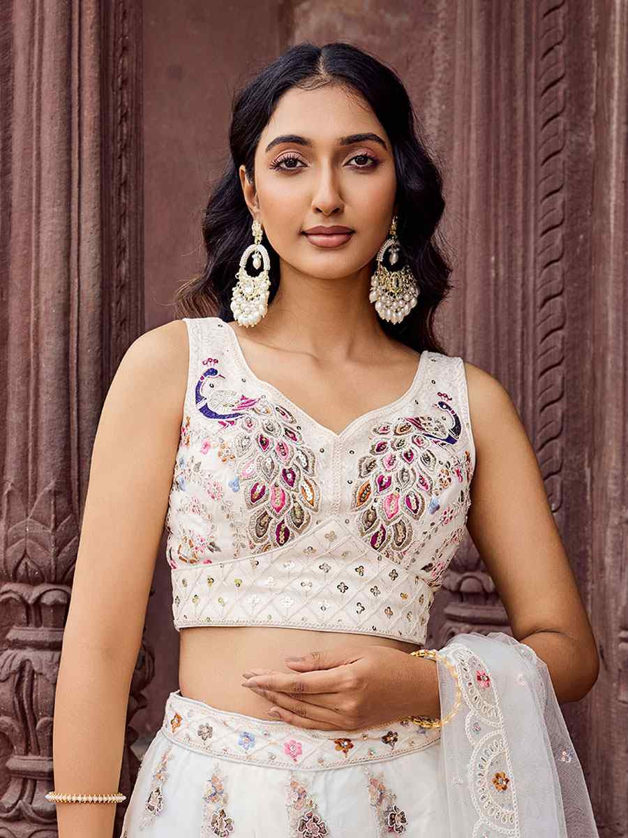 Cream Net Embroidered Wedding Reception Festival Heavy Border Lehenga Choli