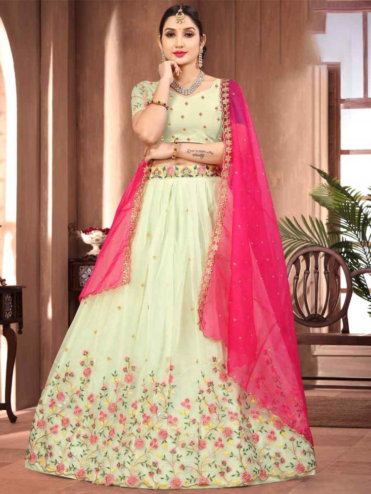 Cream Organza Embroidered Festival Wedding Heavy Border Lehenga Choli