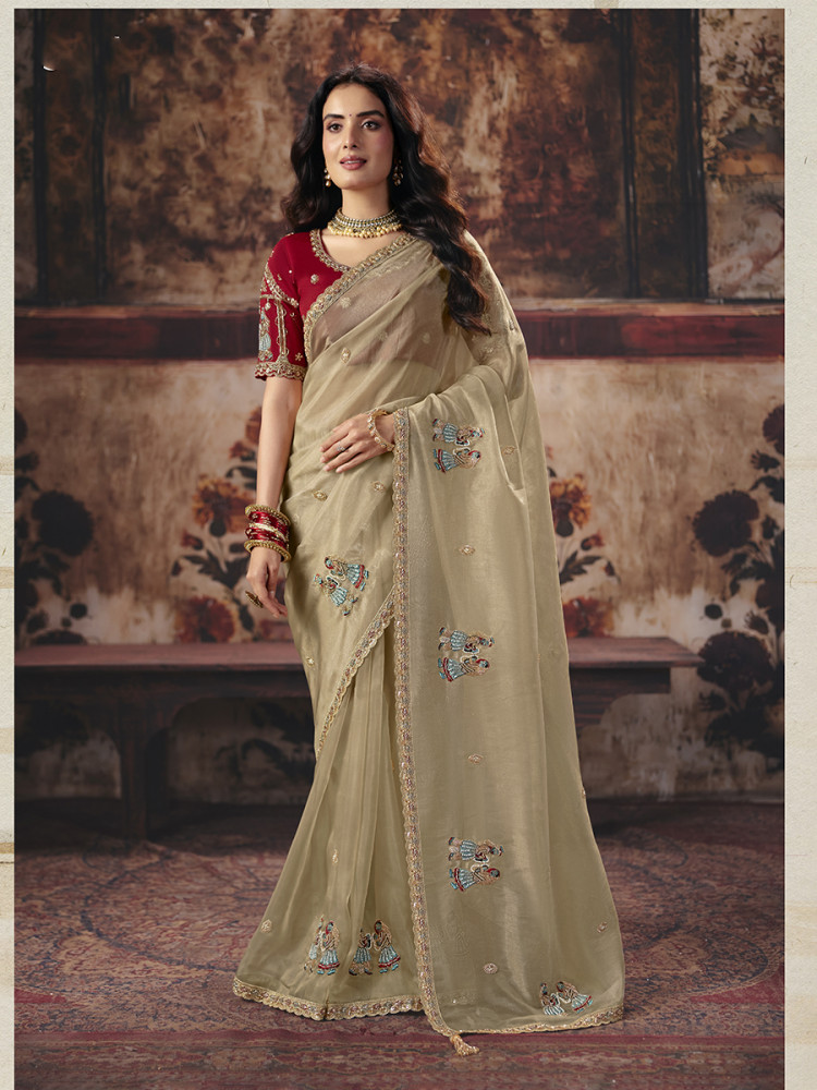Image of Cream Organza Embroidery Sequins Zari Wedding Reception Party Festival Casual Heavy Border Sarees
