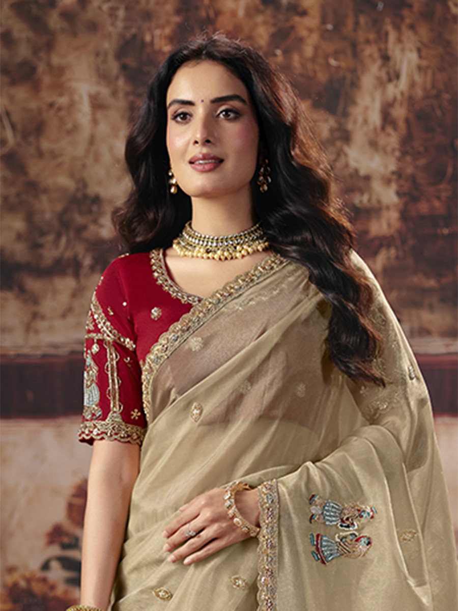 Cream Organza Embroidery Sequins Zari Wedding Reception Party Festival Casual Heavy Border Sarees