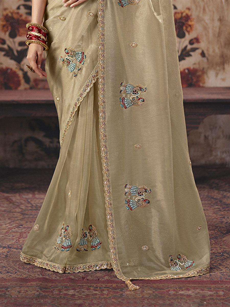 Cream Organza Embroidery Sequins Zari Wedding Reception Party Festival Casual Heavy Border Sarees