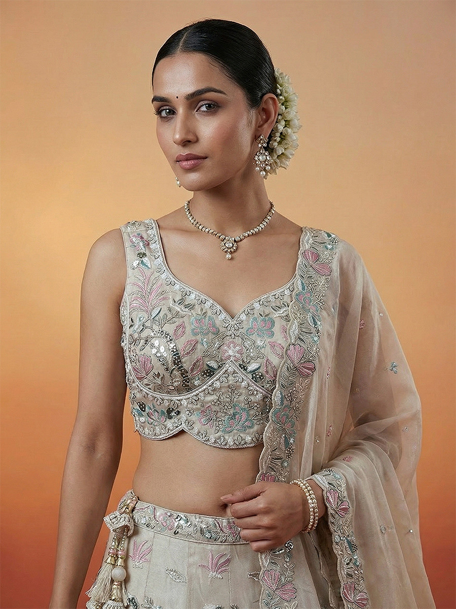 Cream Organza Embroidery Wedding Reception Party Festival Heavy Border Lehenga Choli