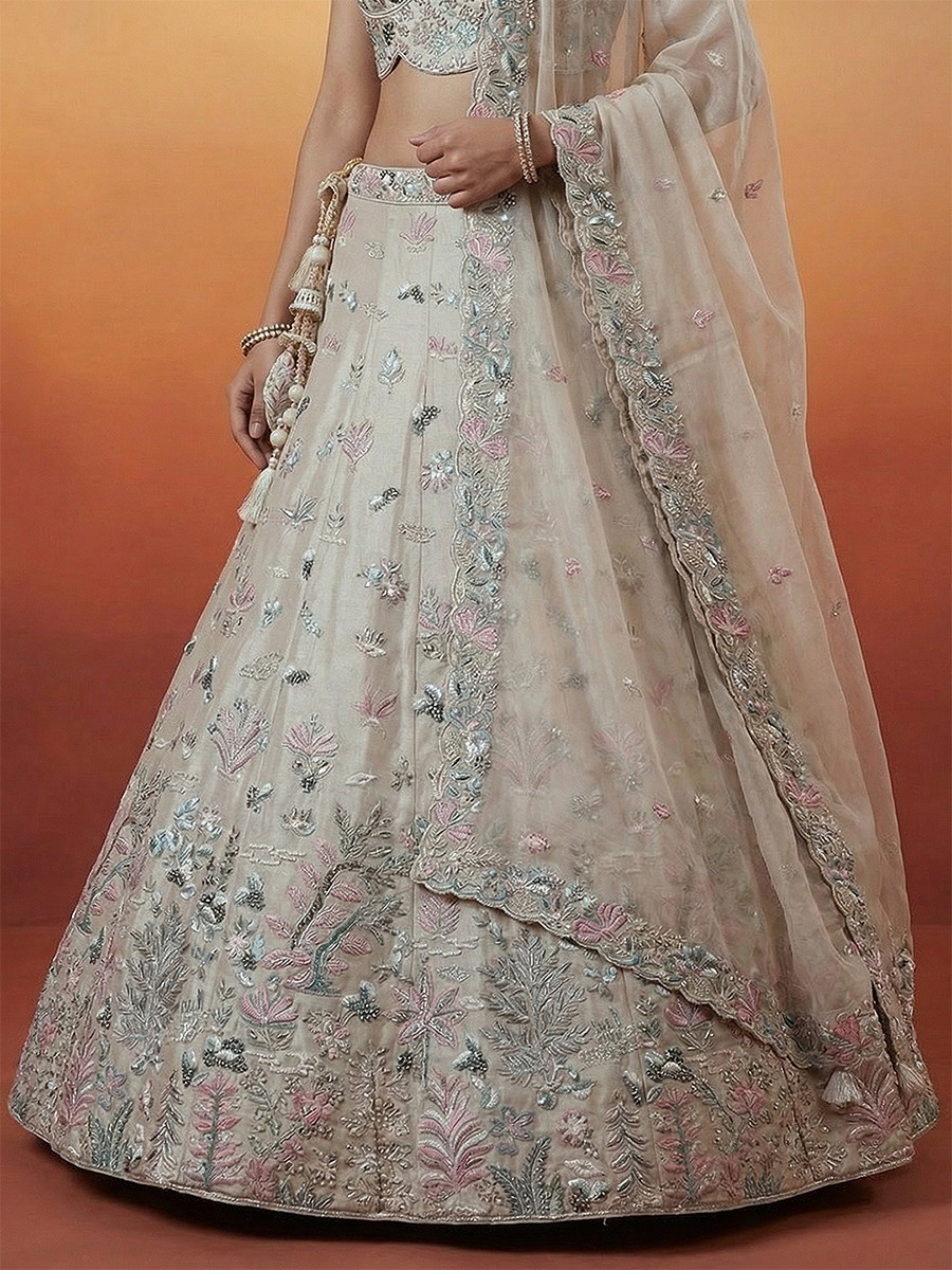 Cream Organza Embroidery Wedding Reception Party Festival Heavy Border Lehenga Choli