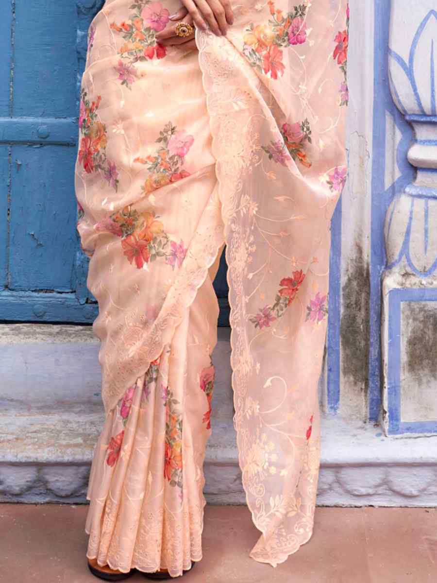 Cream Organza Printed Casual Festival Contemporary Saree