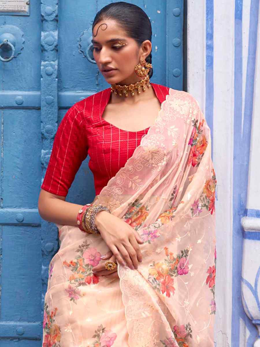 Cream Organza Printed Casual Festival Contemporary Saree