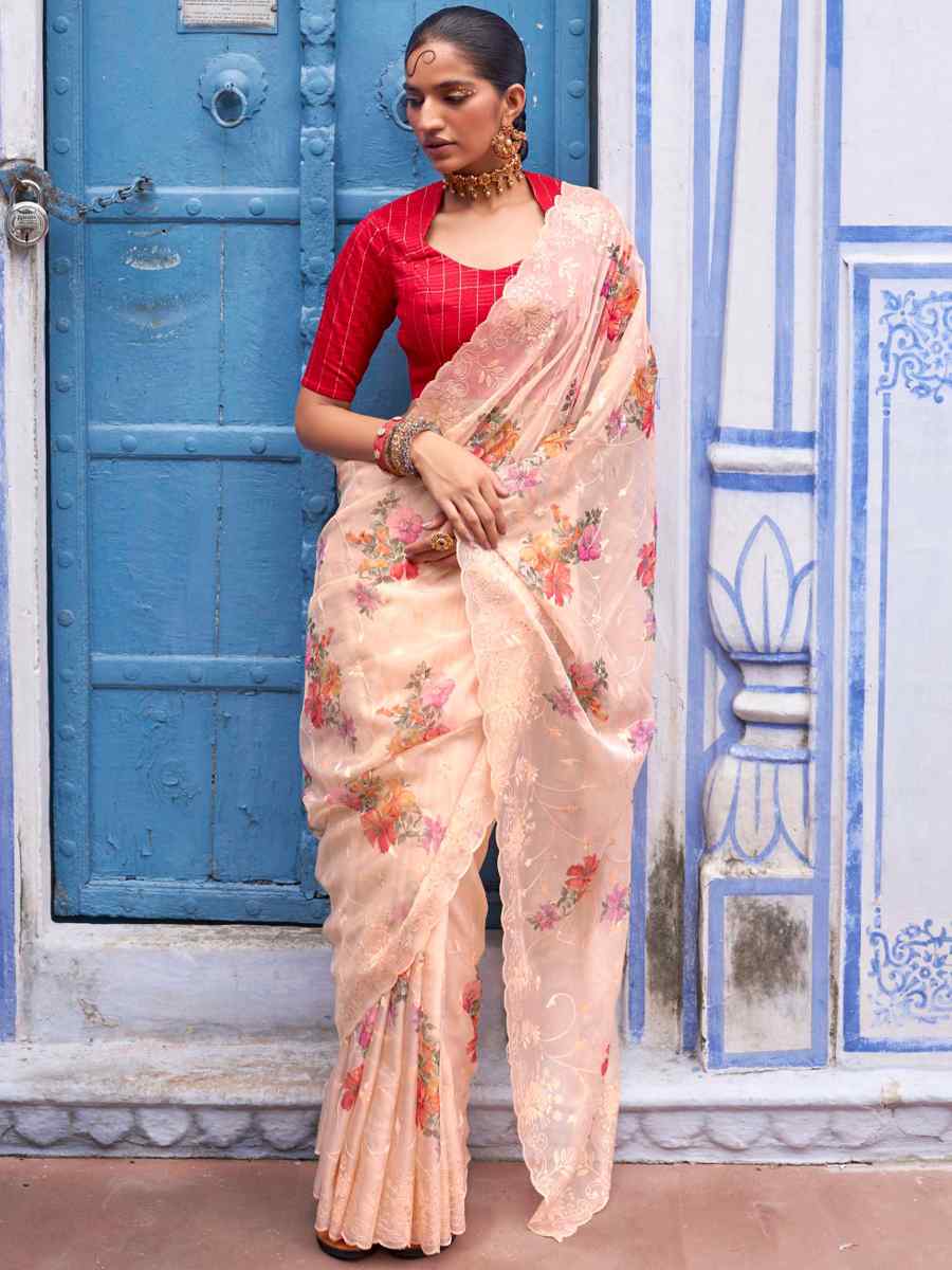 Cream Organza Printed Casual Festival Contemporary Saree