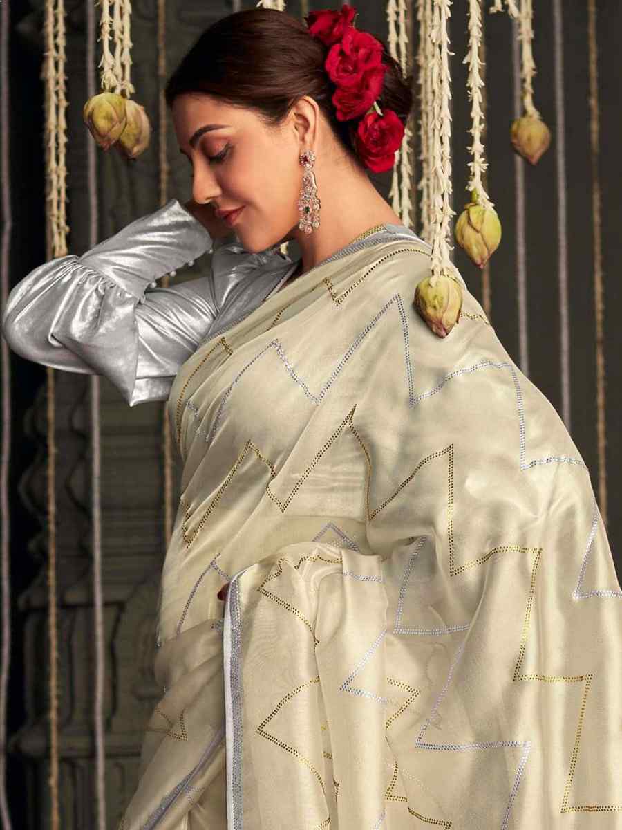 Cream Organza Tissue Handwoven Party Festival Classic Style Saree