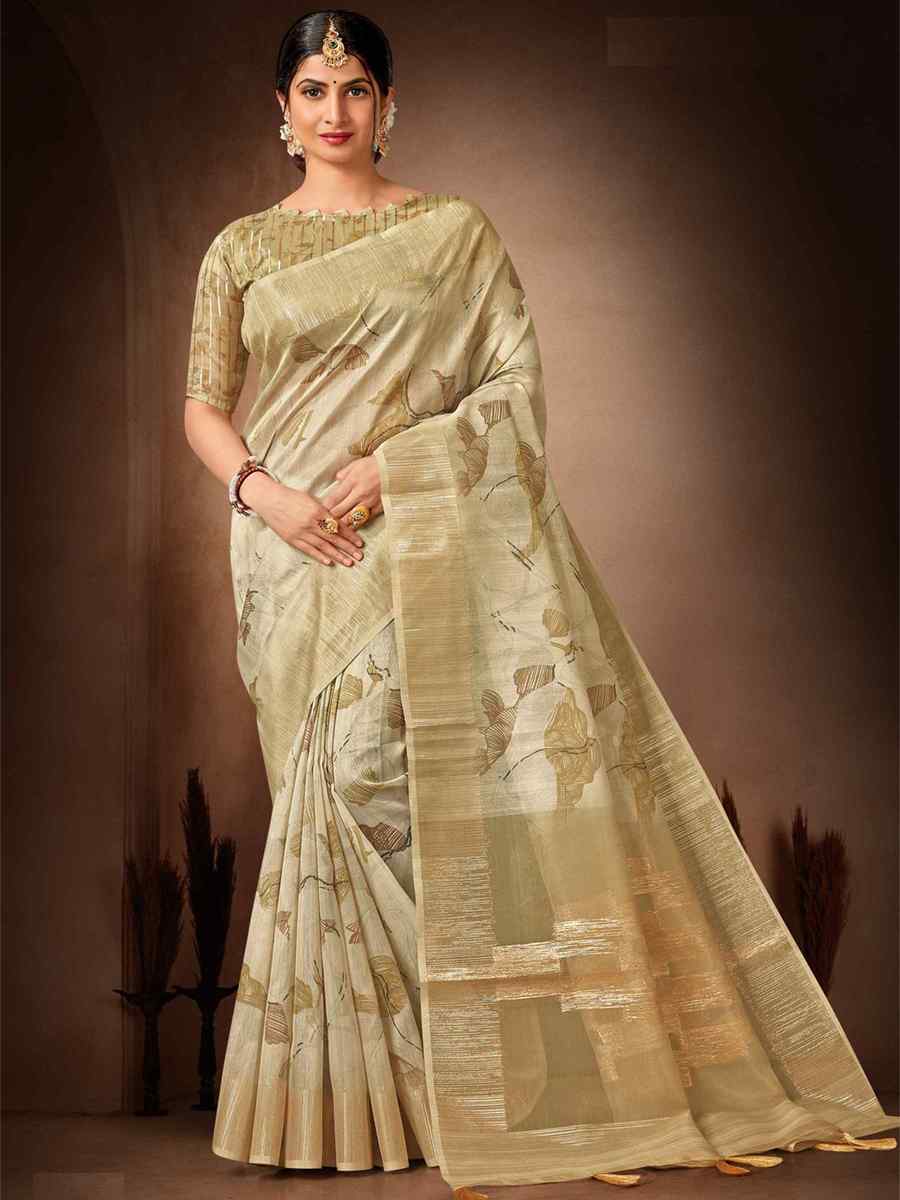 Cream Organza Tissue Handwoven Wedding Festival Heavy Border Saree