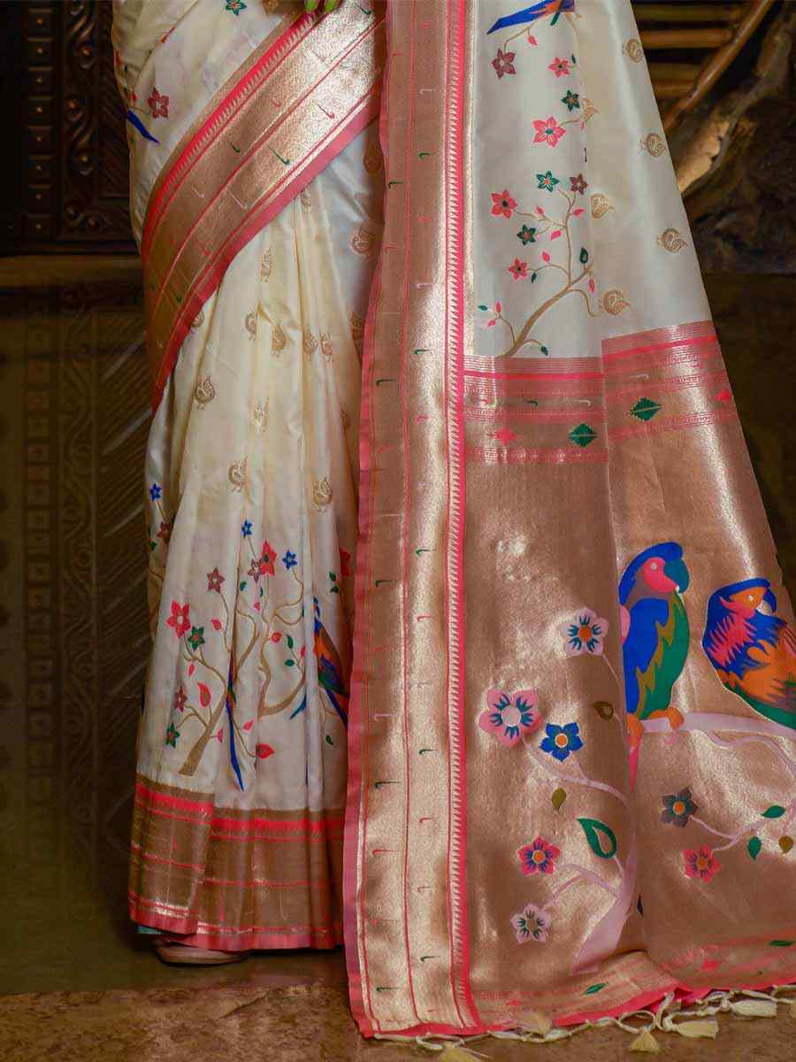 Cream Paithani Silk Handwoven Wedding Festival Heavy Border Saree