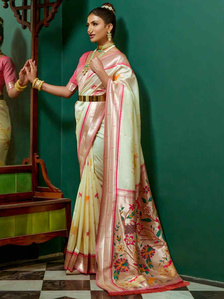 Cream Paithani Silk Handwoven Wedding Festival Heavy Border Saree