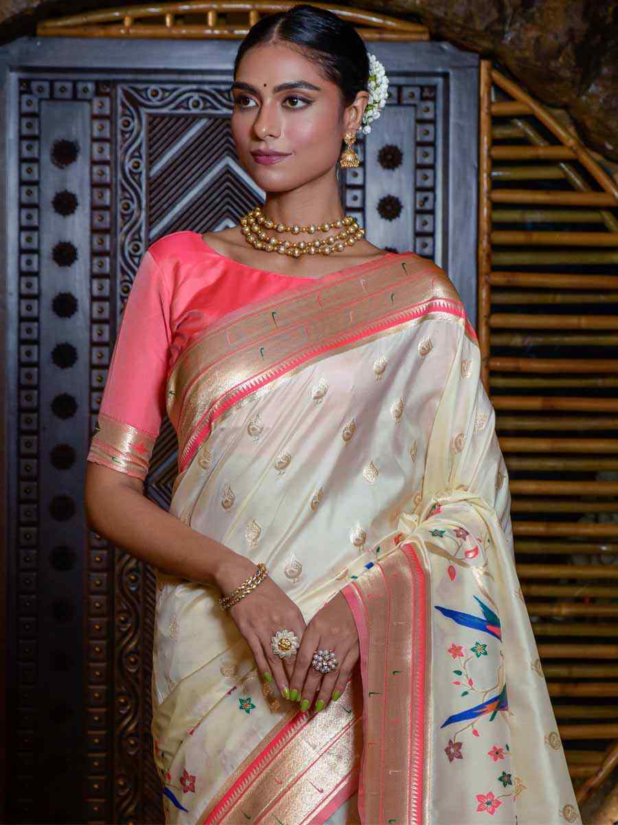 Cream Paithani Silk Handwoven Wedding Festival Heavy Border Saree