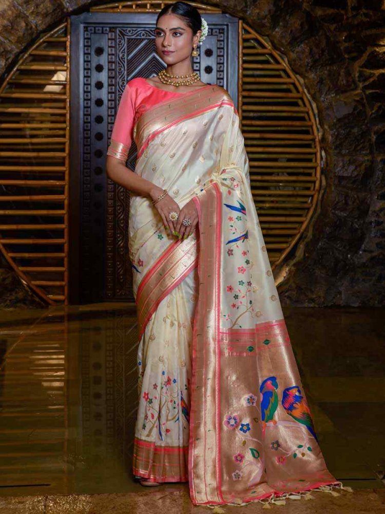 Cream Paithani Silk Handwoven Wedding Festival Heavy Border Saree