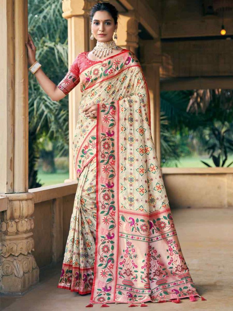 Cream Patola Silk Handwoven Wedding Festival Heavy Border Saree