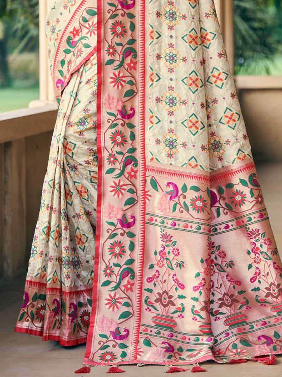 Cream Patola Silk Handwoven Wedding Festival Heavy Border Saree