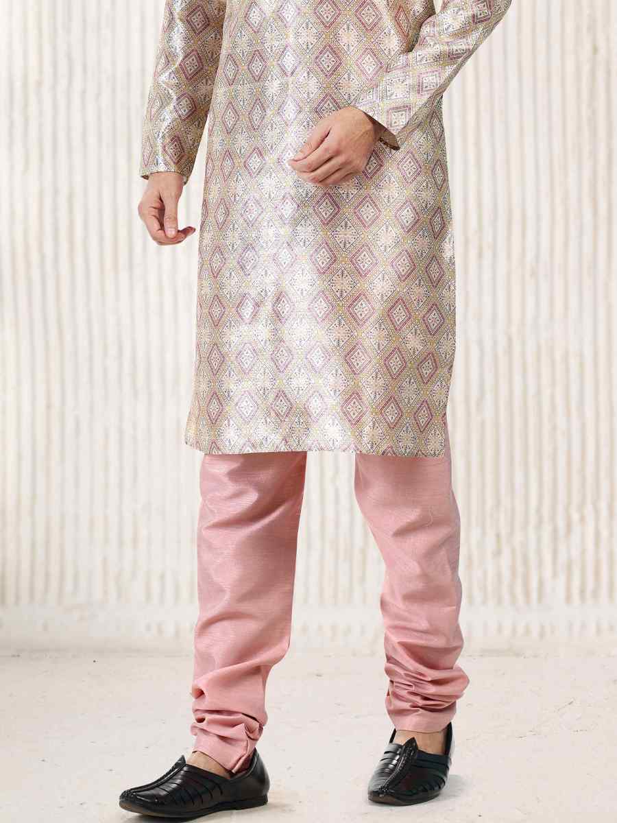 Cream Peach Jacquard Banarasi Silk Woven Festival Wedding Kurta