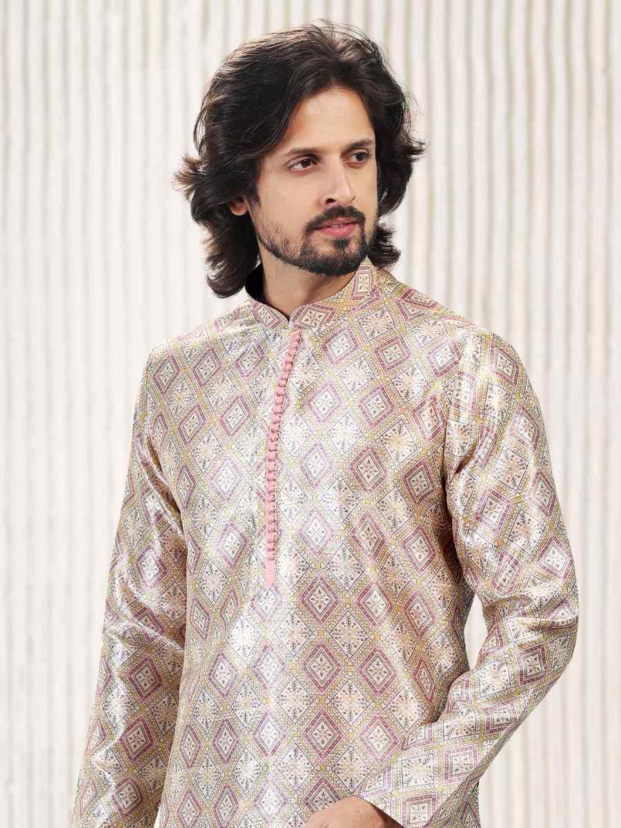 Cream Peach Jacquard Banarasi Silk Woven Festival Wedding Kurta