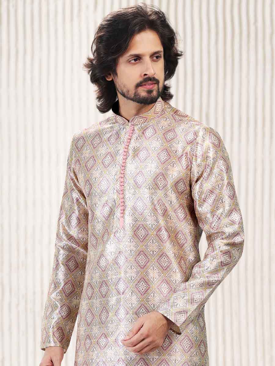 Cream Peach Jacquard Banarasi Silk Woven Festival Wedding Kurta