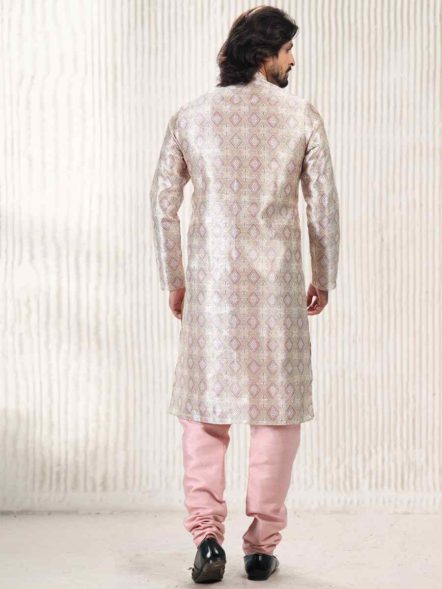 Cream Peach Jacquard Banarasi Silk Woven Festival Wedding Kurta