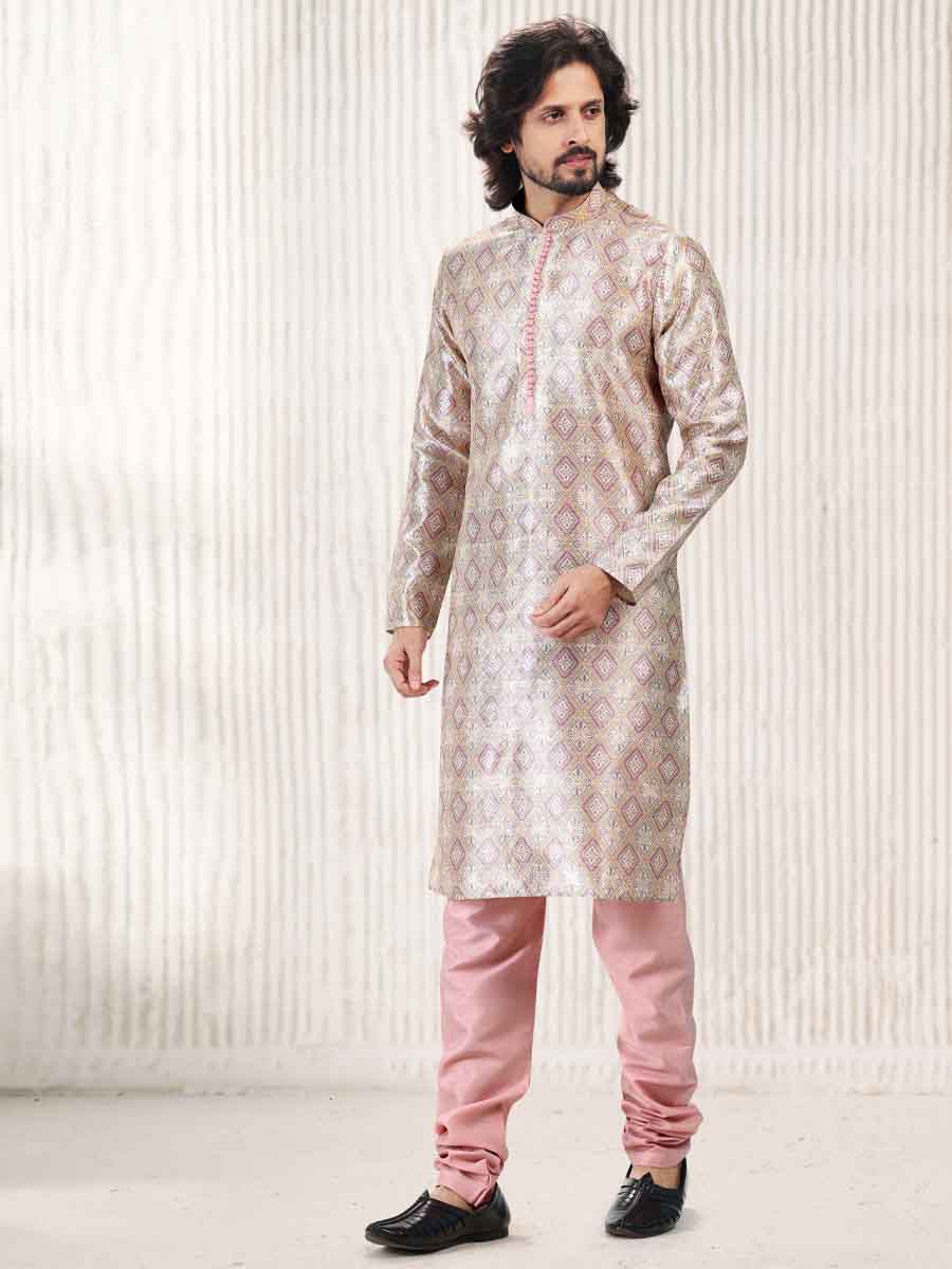 Cream Peach Jacquard Banarasi Silk Woven Festival Wedding Kurta