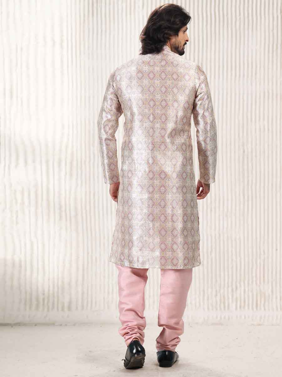 Cream Peach Jacquard Banarasi Silk Woven Festival Wedding Kurta