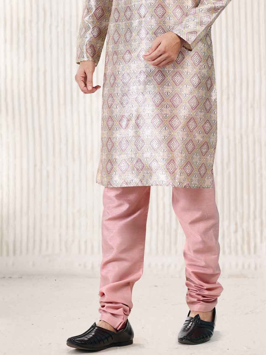 Cream Peach Jacquard Banarasi Silk Woven Festival Wedding Kurta