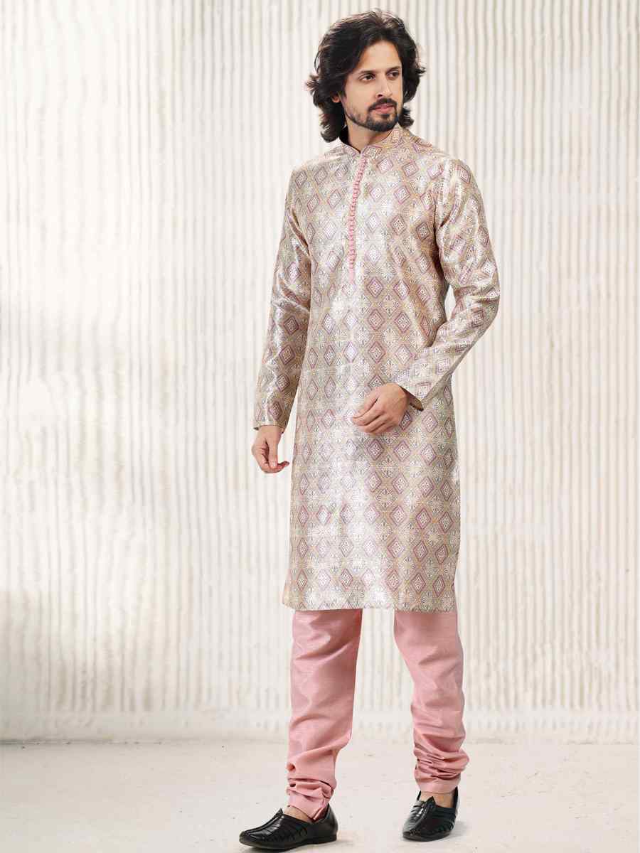 Cream Peach Jacquard Banarasi Silk Woven Festival Wedding Kurta