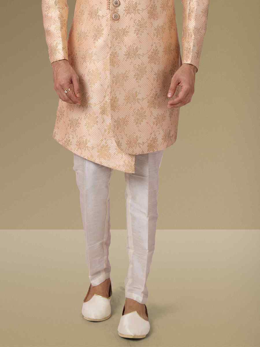 Cream Peach Jacquard Silk Brocade Embroidered Party Aligadhi Pant Kurta