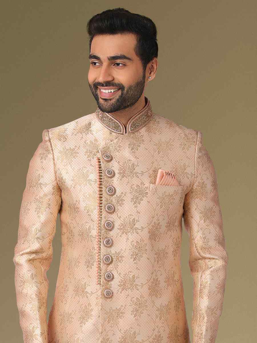 Cream Peach Jacquard Silk Brocade Embroidered Party Aligadhi Pant Kurta