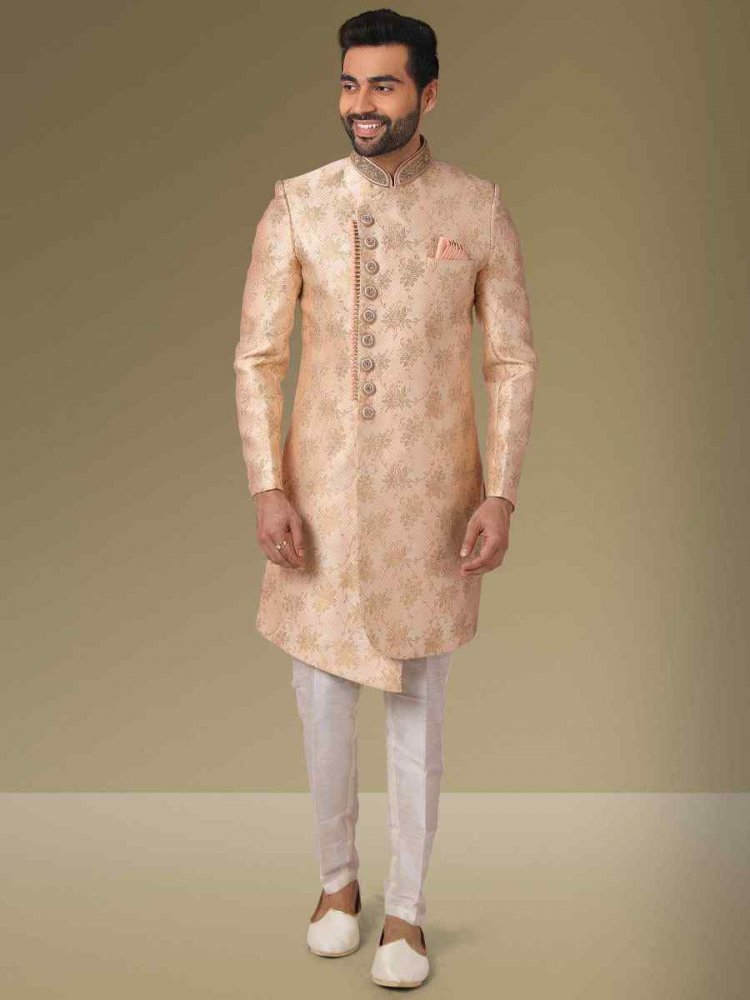 Cream Peach Jacquard Silk Brocade Embroidered Party Aligadhi Pant Kurta