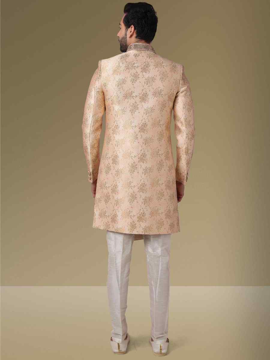 Cream Peach Jacquard Silk Brocade Embroidered Party Aligadhi Pant Kurta
