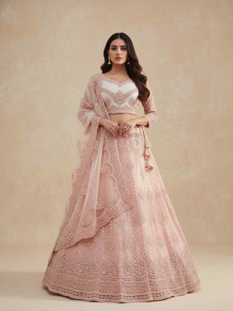 Image of Cream Peach Net Embroidered Wedding Reception Festival Heavy Border Lehenga Choli