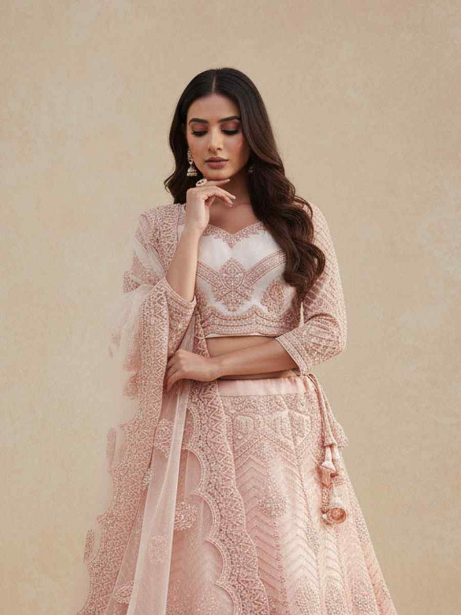 Cream Peach Net Embroidered Wedding Reception Festival Heavy Border Lehenga Choli