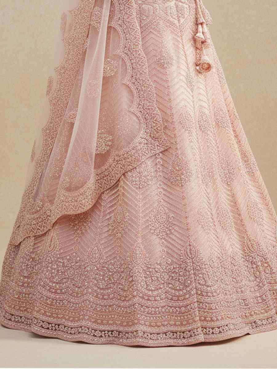 Cream Peach Net Embroidered Wedding Reception Festival Heavy Border Lehenga Choli