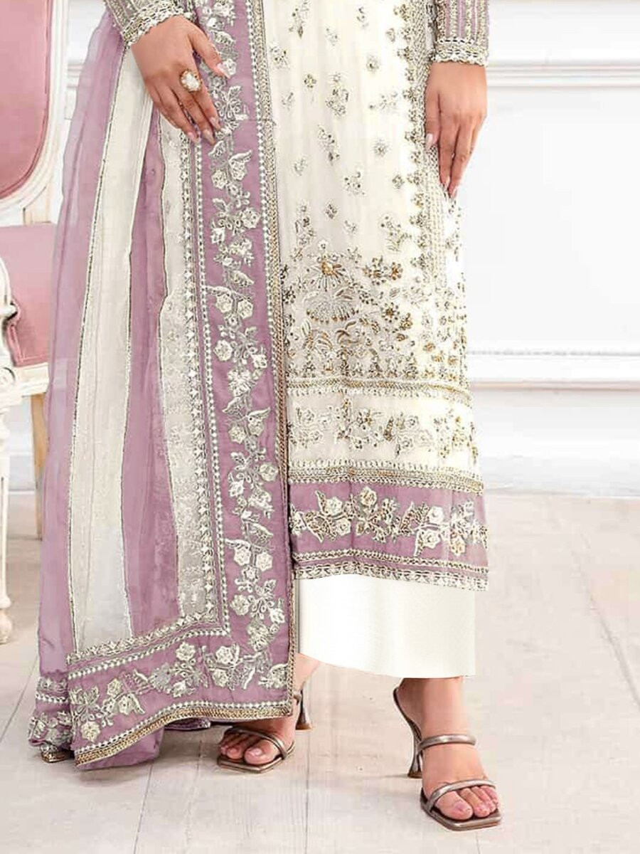 Cream Pink Crunchy Embroidery Zari Sequins Khatli Work Wedding Party Festival Casual Palazzo Pant Salwar Kameez