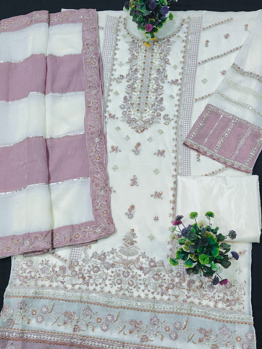 Cream Pink Crunchy Embroidery Zari Sequins Khatli Work Wedding Party Festival Casual Palazzo Pant Salwar Kameez
