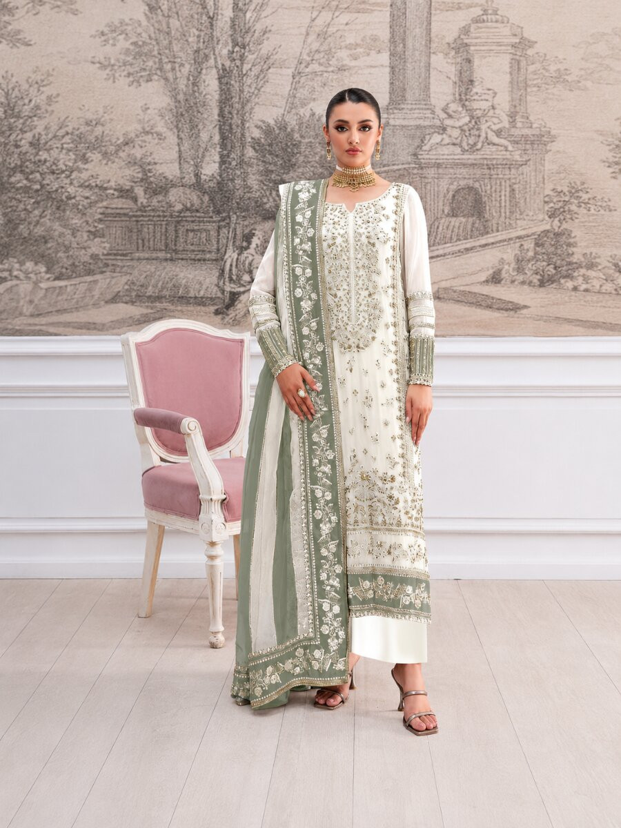 Cream Pista Crunchy Embroidery Zari Sequins Khatli Work Wedding Party Festival Casual Palazzo Pant Salwar Kameez