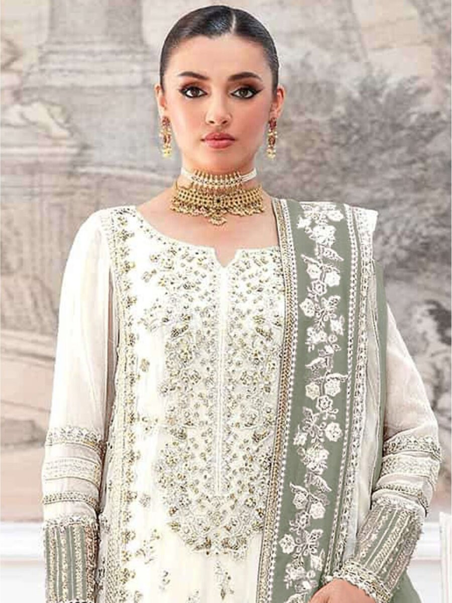 Cream Pista Crunchy Embroidery Zari Sequins Khatli Work Wedding Party Festival Casual Palazzo Pant Salwar Kameez