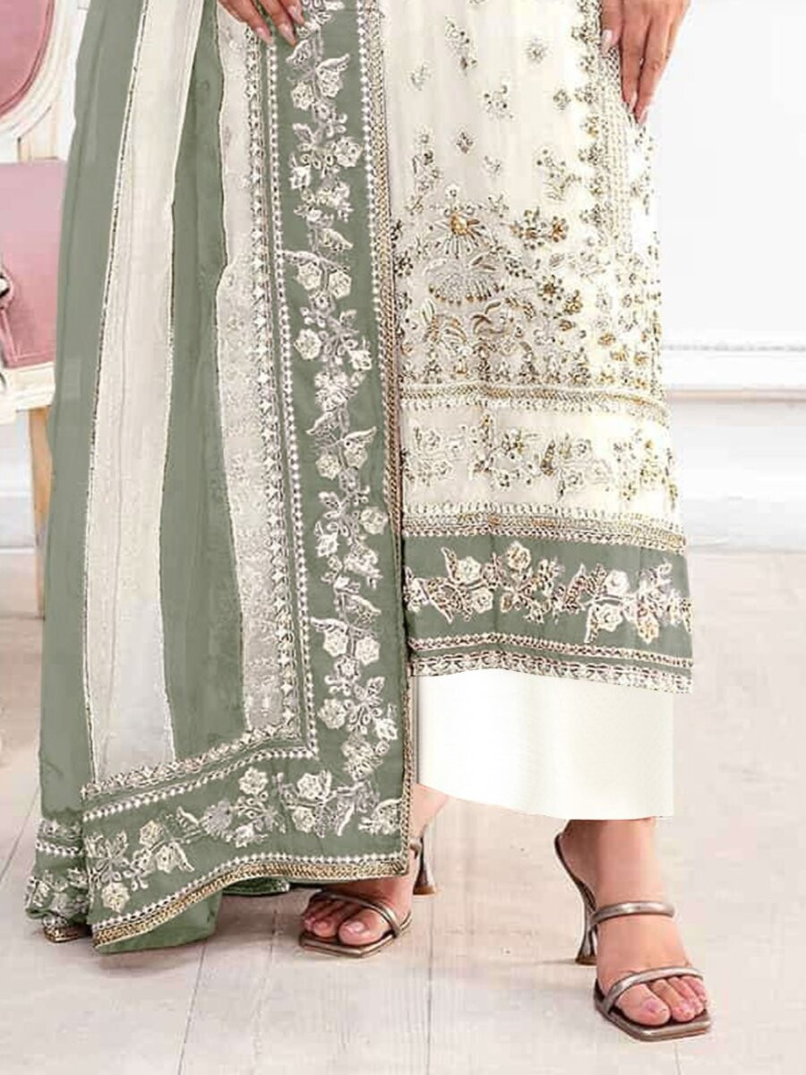 Cream Pista Crunchy Embroidery Zari Sequins Khatli Work Wedding Party Festival Casual Palazzo Pant Salwar Kameez