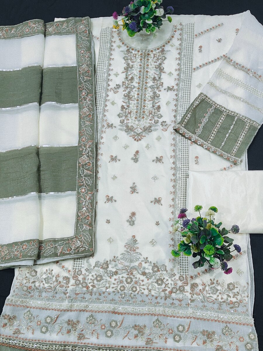 Cream Pista Crunchy Embroidery Zari Sequins Khatli Work Wedding Party Festival Casual Palazzo Pant Salwar Kameez