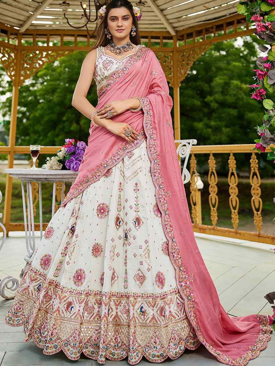Cream Poly Georgette Embroidered Festival Reception Wedding Party Wear Heavy Border Lehenga Choli