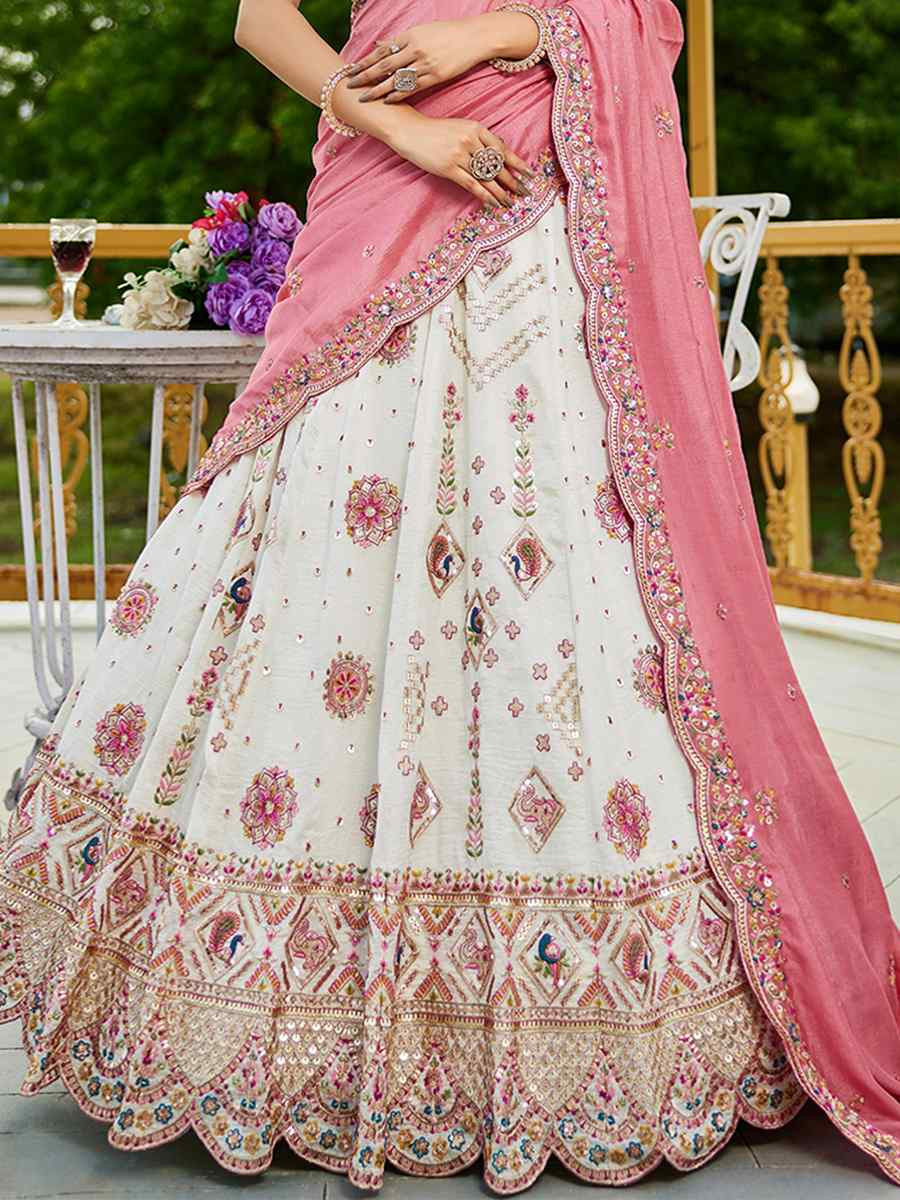 Cream Poly Georgette Embroidered Festival Reception Wedding Party Wear Heavy Border Lehenga Choli