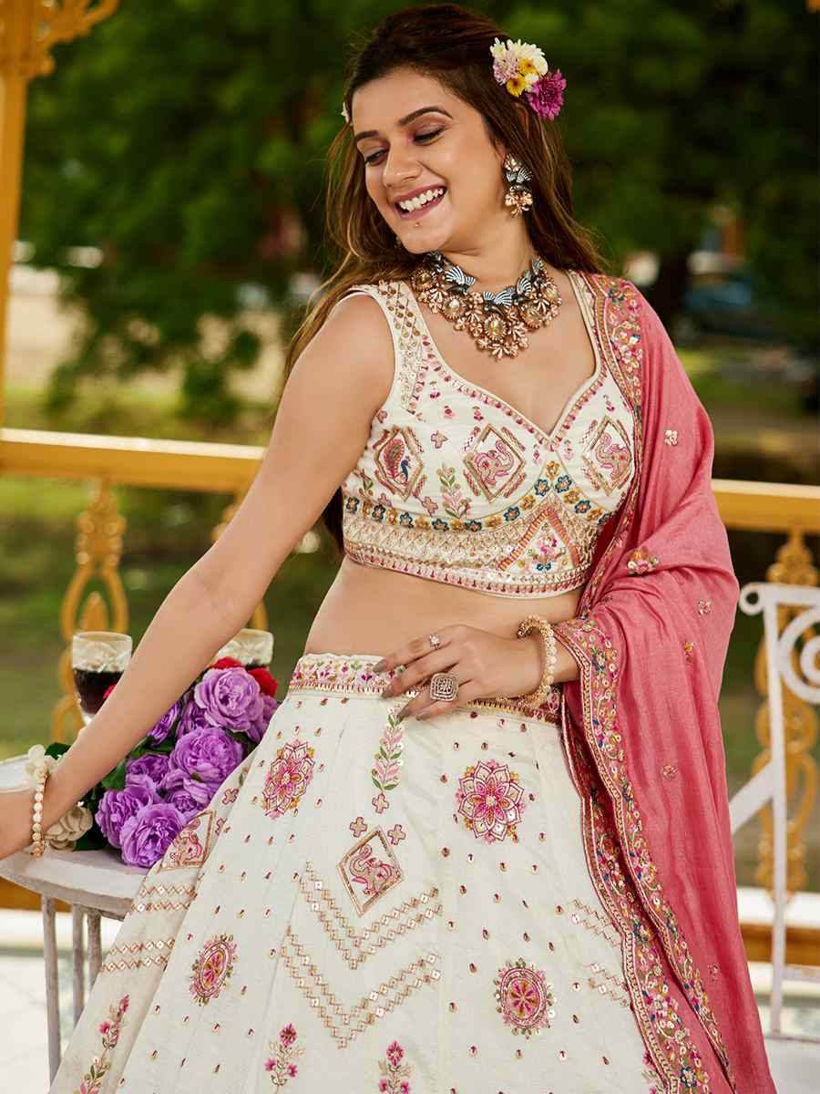 Cream Poly Georgette Embroidered Festival Reception Wedding Party Wear Heavy Border Lehenga Choli
