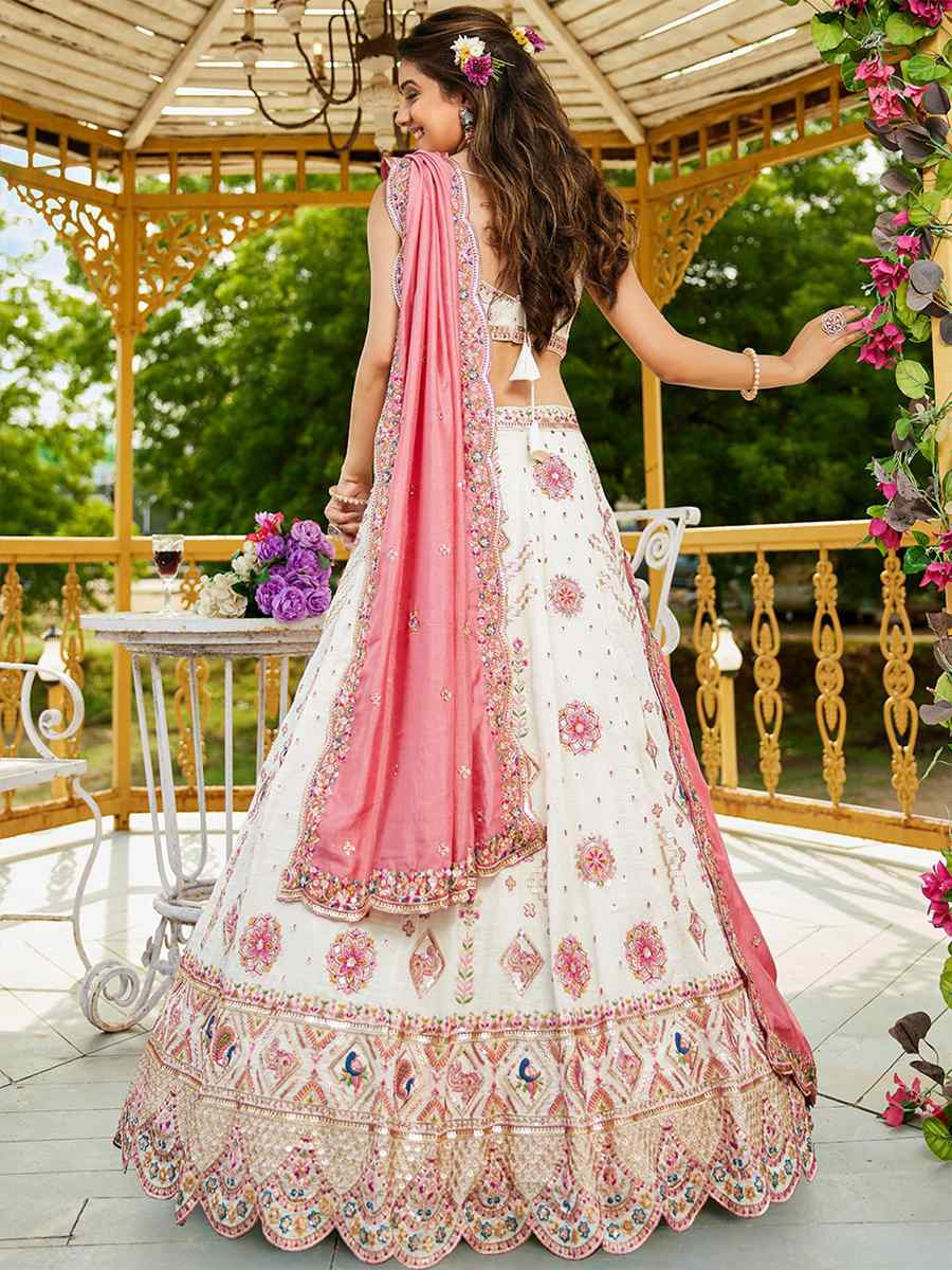 Cream Poly Georgette Embroidered Festival Reception Wedding Party Wear Heavy Border Lehenga Choli