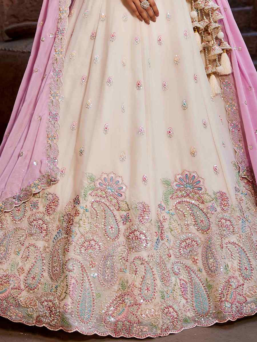 Cream Poly Georgette Embroidered Reception Wedding Heavy Border Lehenga Choli