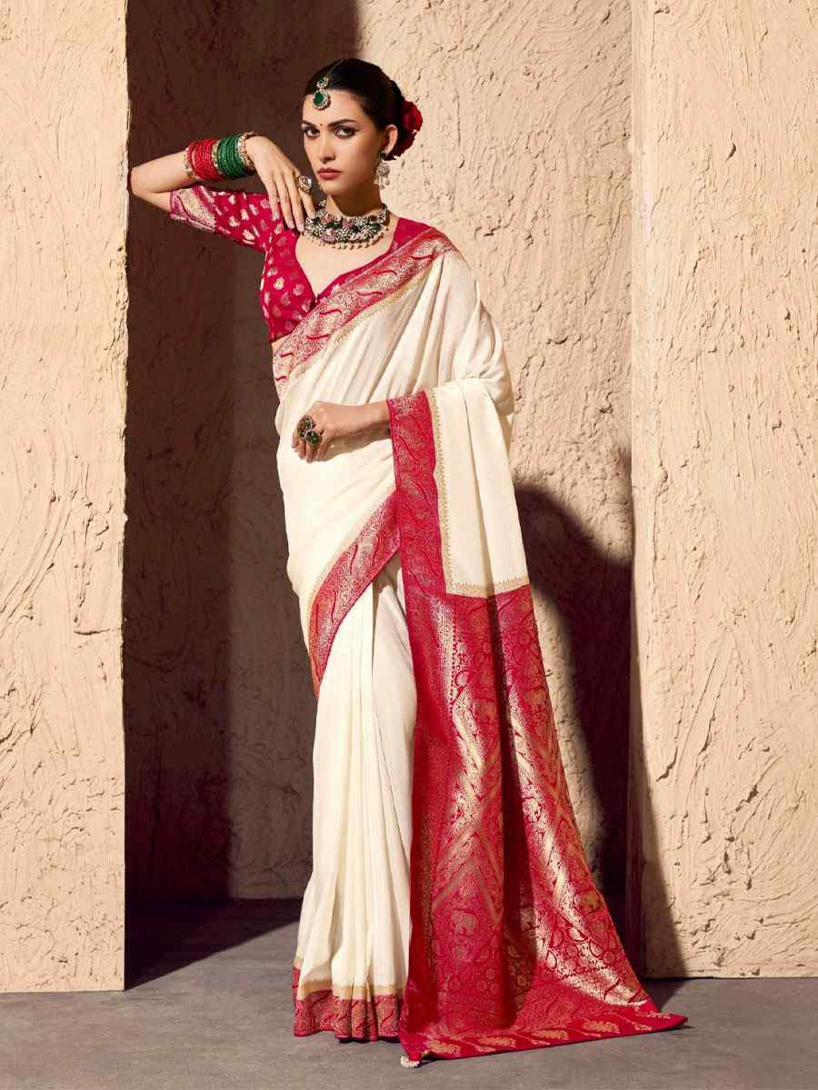 Cream Premium Crepe Georgette Handwoven Traditional Bridal Reception Festival Wedding Fancy Heavy Border Saree